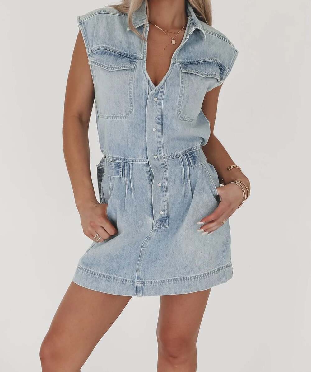 TCEC Light Wash Denim Sleeveless Mini Dress with Belt